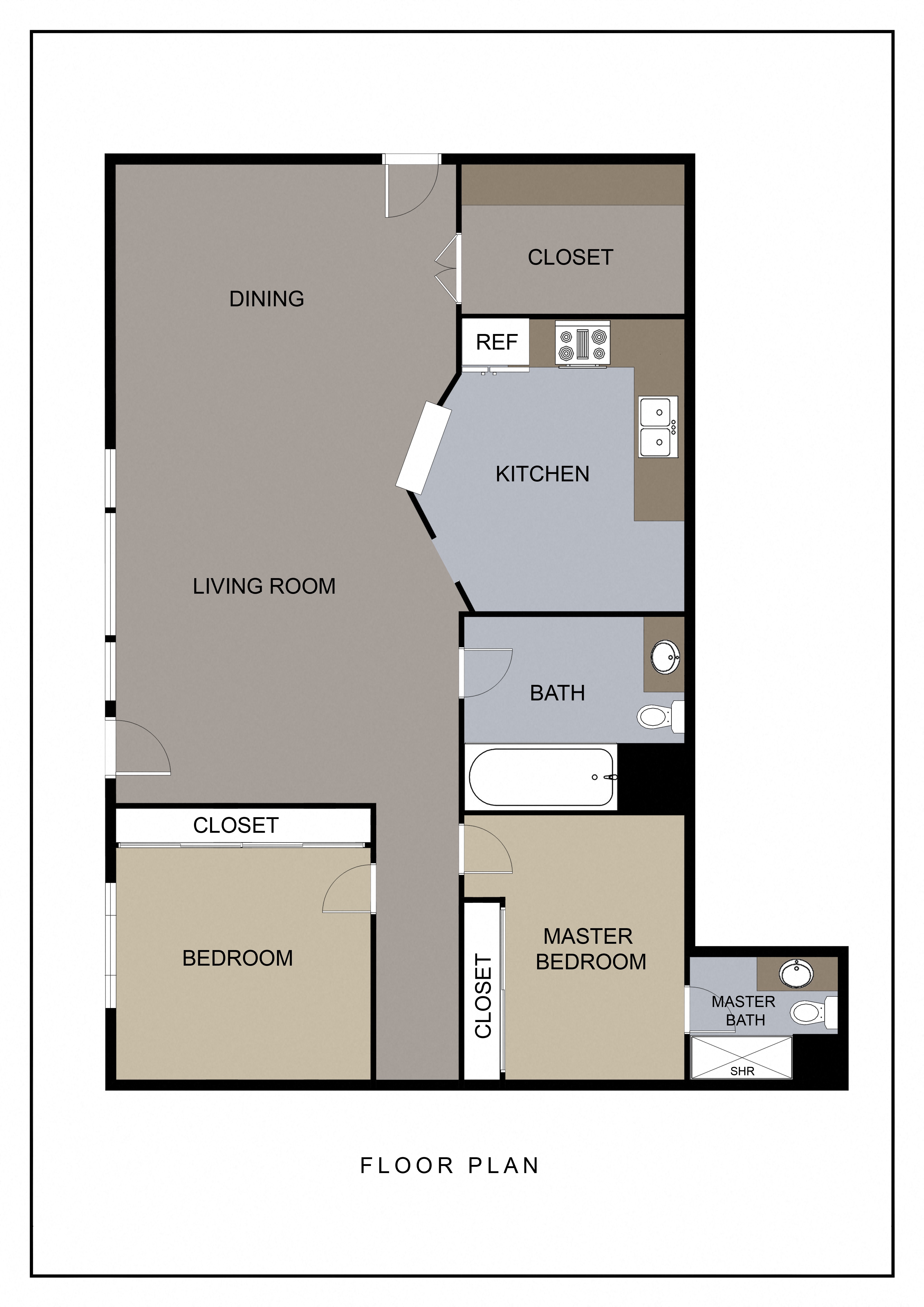 Floor plan for 2 beds, 2 baths, 985 sqft